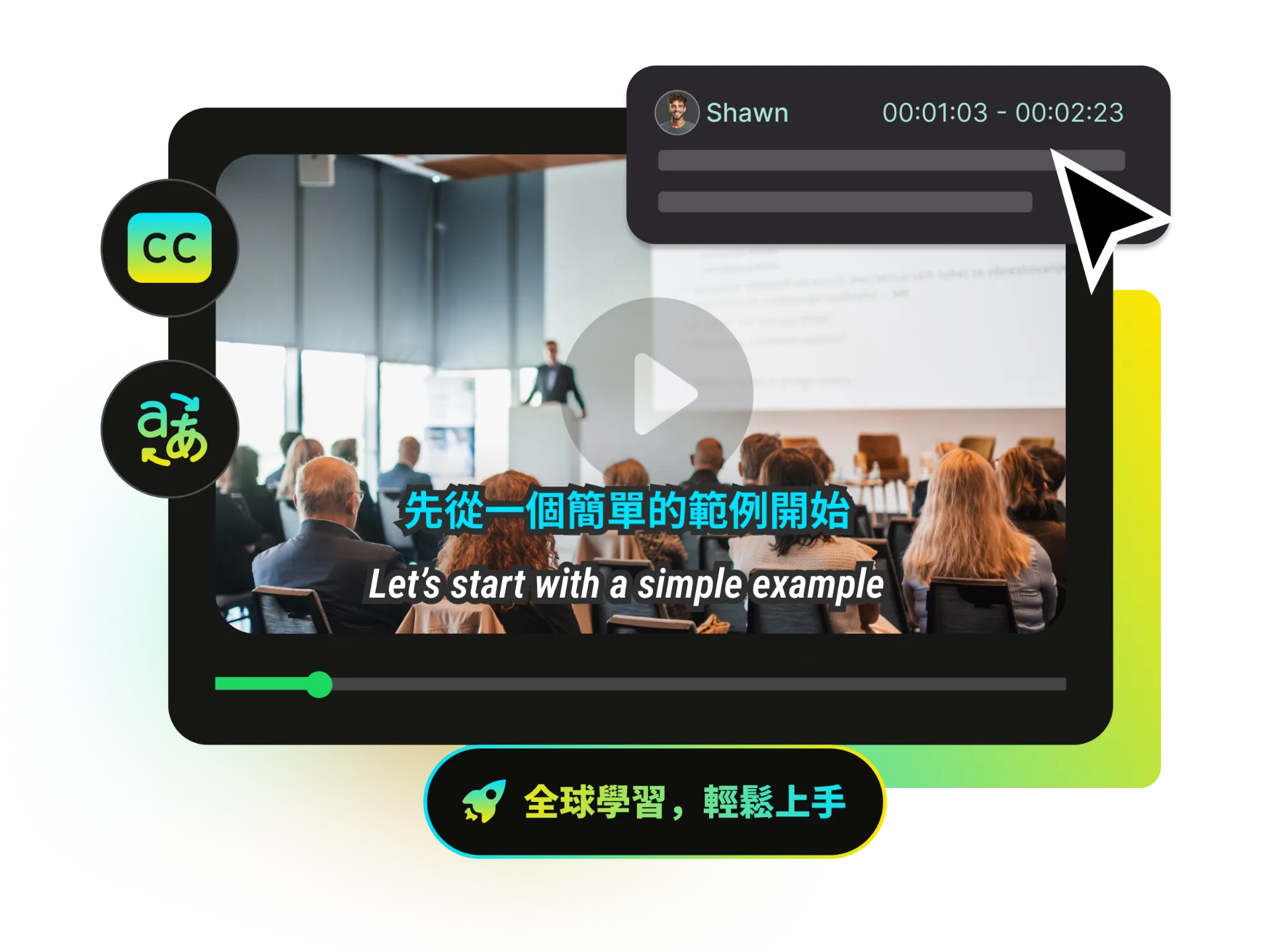 筆記型電腦螢幕顯示線上課程與翻譯字幕